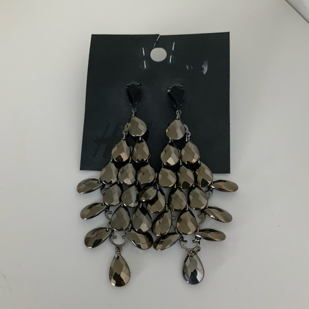 H&M Tear Drop Beaded Gun Metal Black Dangle Statement Trendy Earrings Brand New